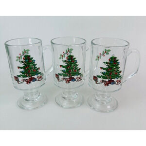 Tienshan Holiday Hostess Christmas Tree Set of 3 Footed Tall Mug Clear Glass VTG